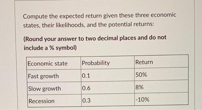  Compute the expected return given these three economic states, their likelihoods,