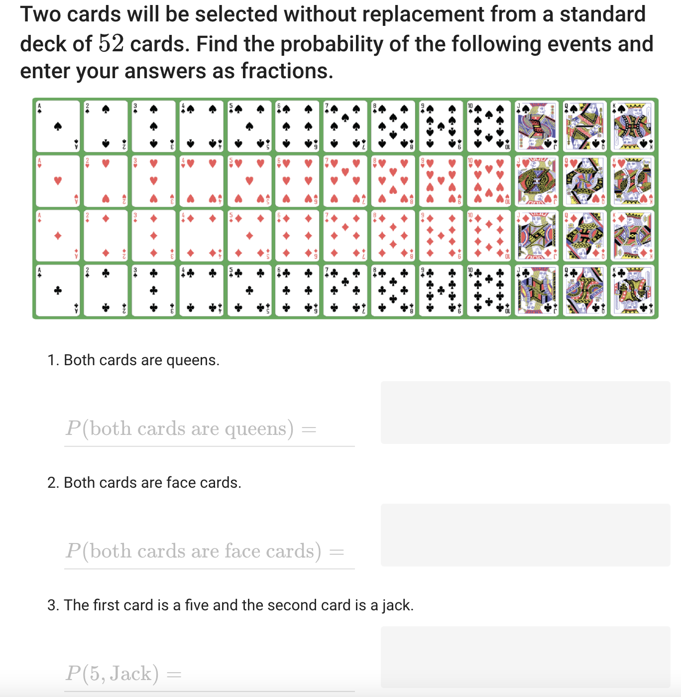 please help! Two cards will be selected without replacement from a standard