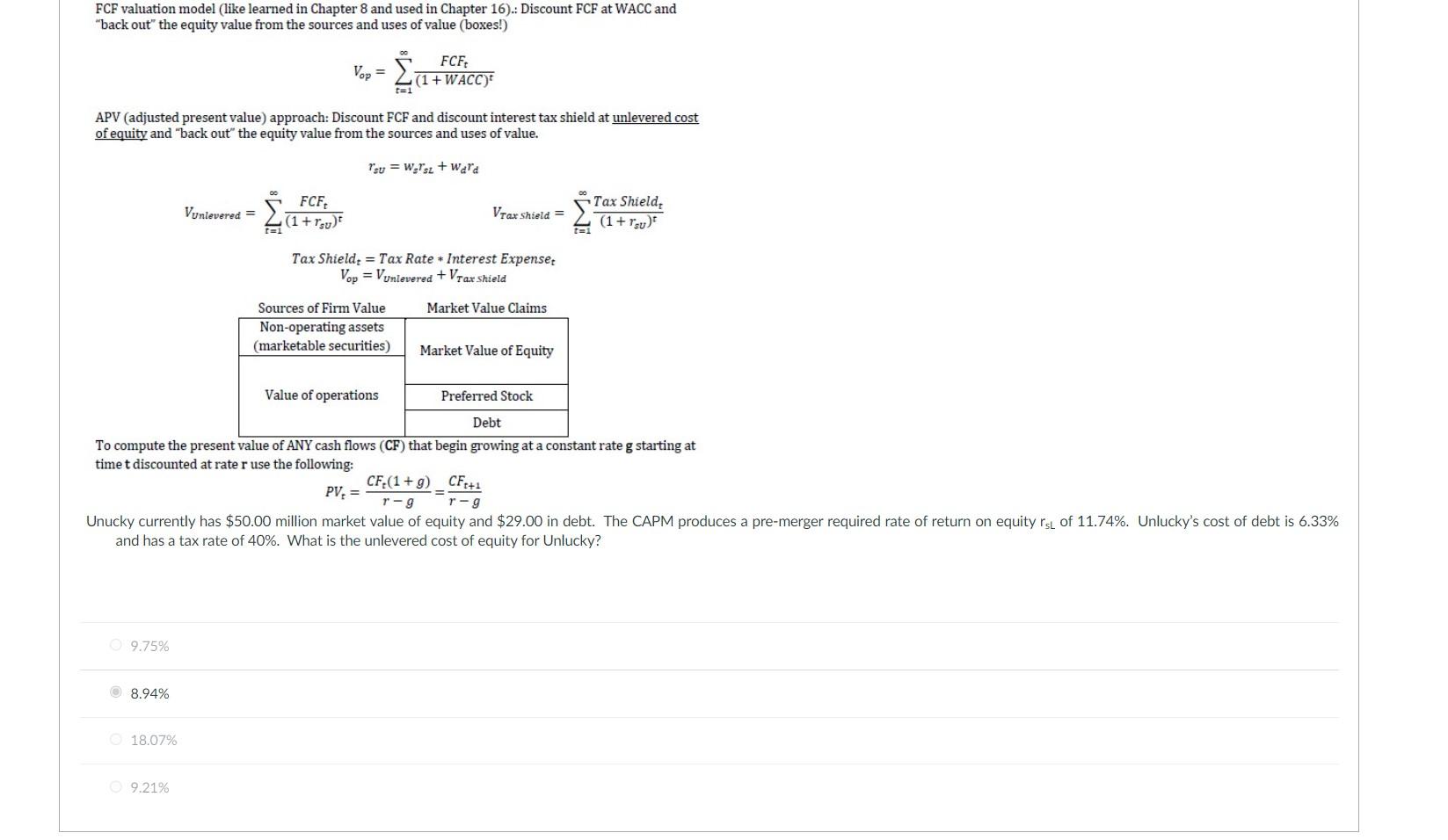  FCF valuation model (like learned in Chapter 8 and used in