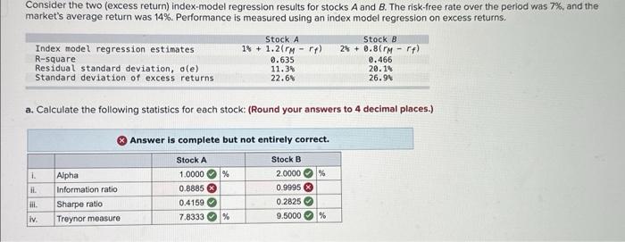  Consider the two (excess return) index-model regression results for stocks A