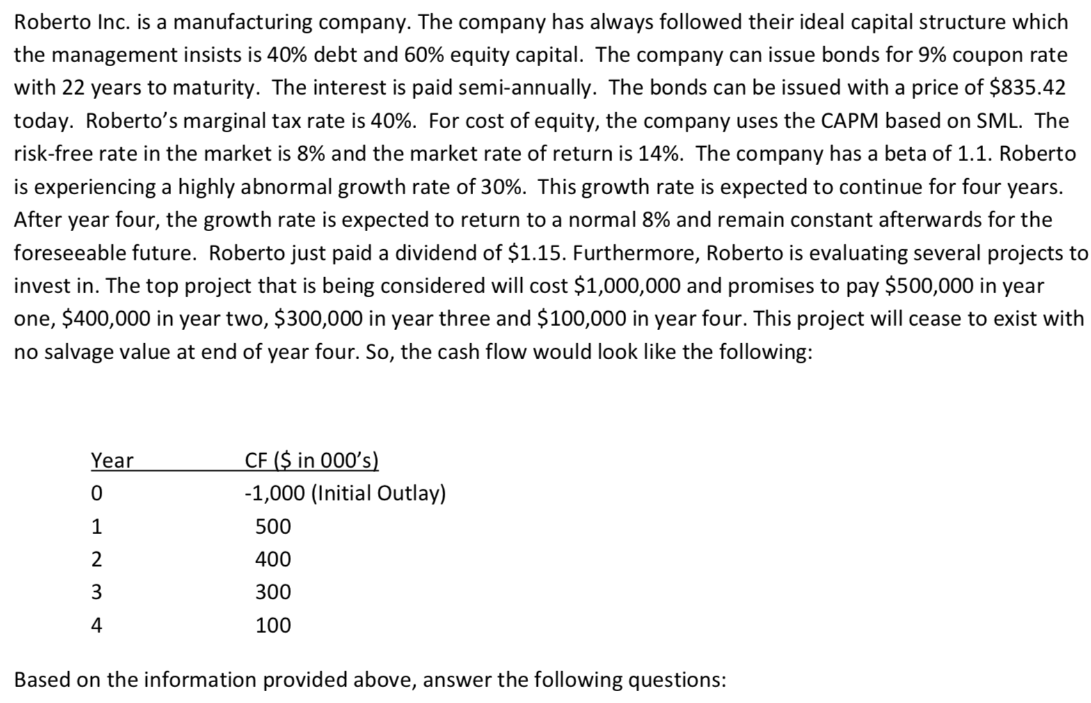 Please solve the following problem WITHOUT USING EXCEL. Roberto Inc. is a