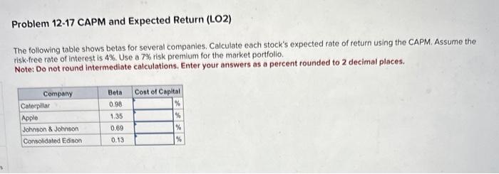9 Problem 12-17 CAPM and Expected Return (LO2) The following table shows