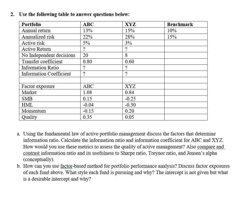  2. Use the following table to answer questions below: a. Using