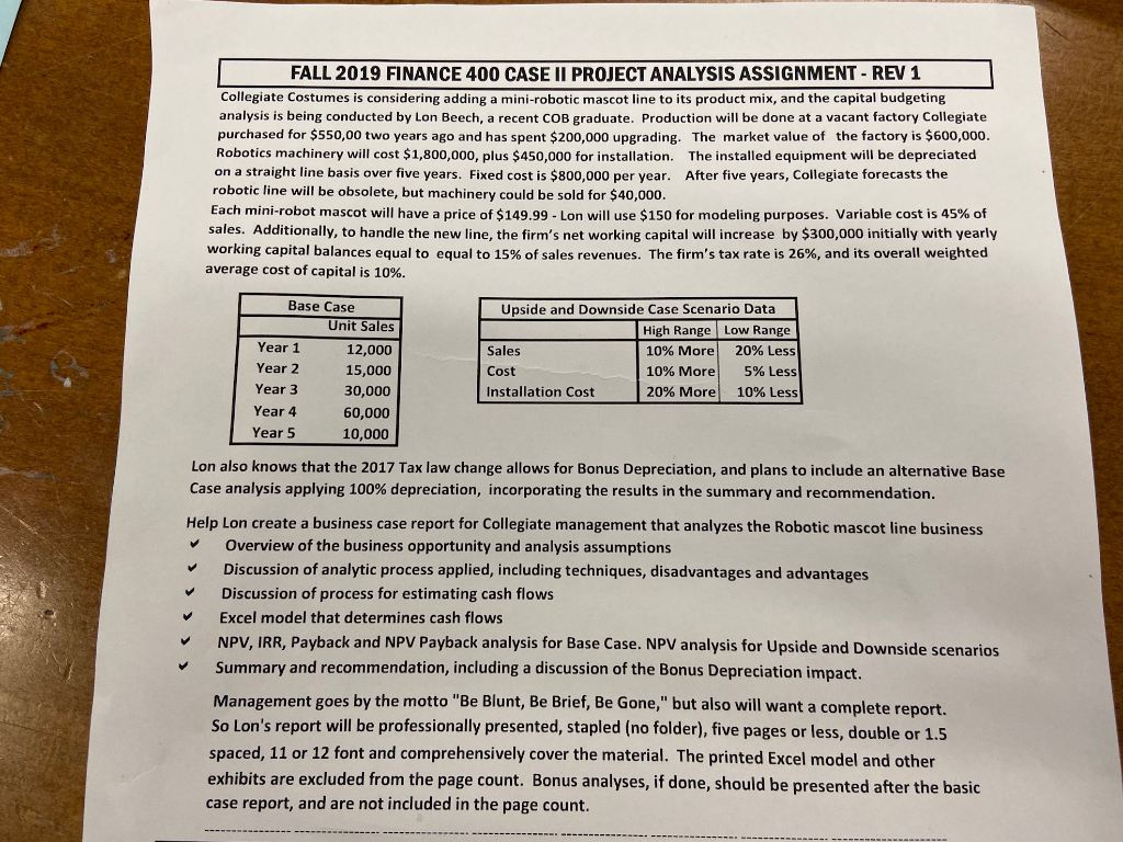 FALL 2019 FINANCE 400 CASE II PROJECT ANALYSIS ASSIGNMENT REV 1
