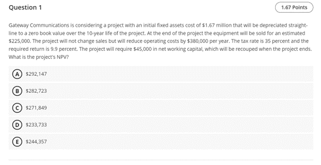 Question 1 Gateway Communications is considering a project with an initial