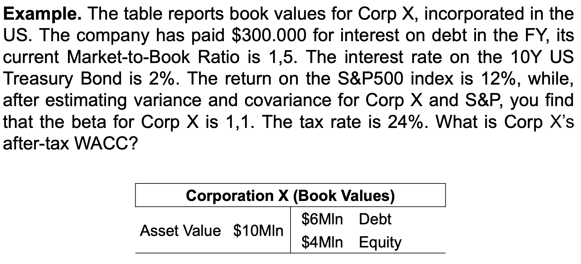  Example. The table reports book values for Corp X, incorporated in