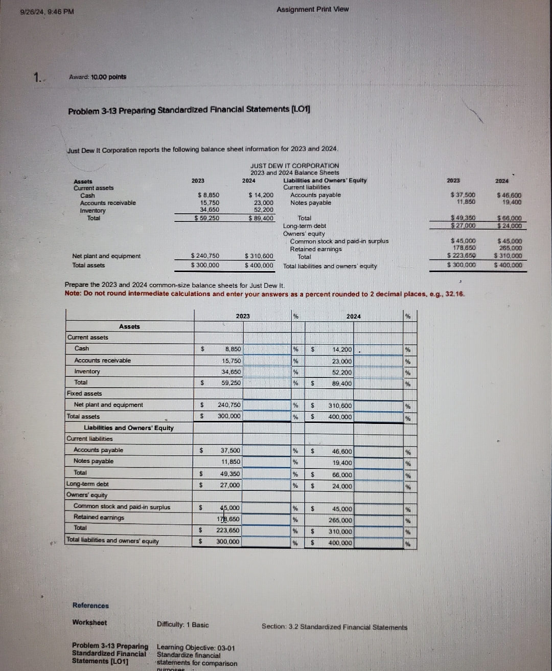  S/26/24,946 PM1.Award: 10.00 polntsProblem 3-13 Preparing Standardlzed Ananclal Statements (LOJust Dew