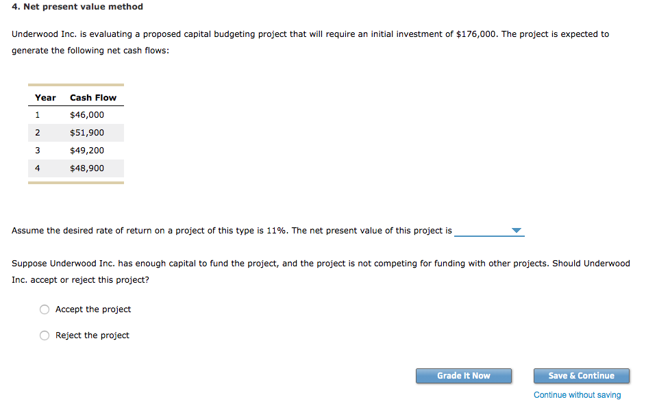 4. Net present value method Underwood Inc. is evaluating a proposed