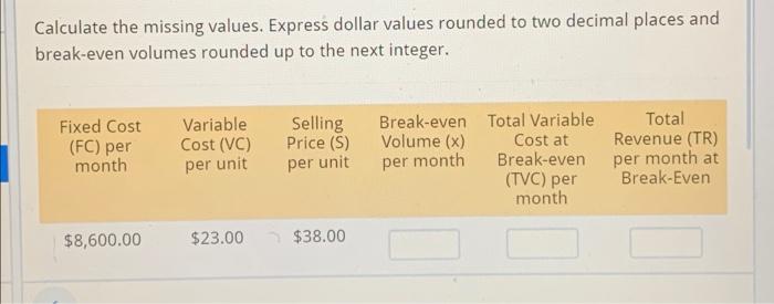  Calculate the missing values. Express dollar values rounded to two decimal