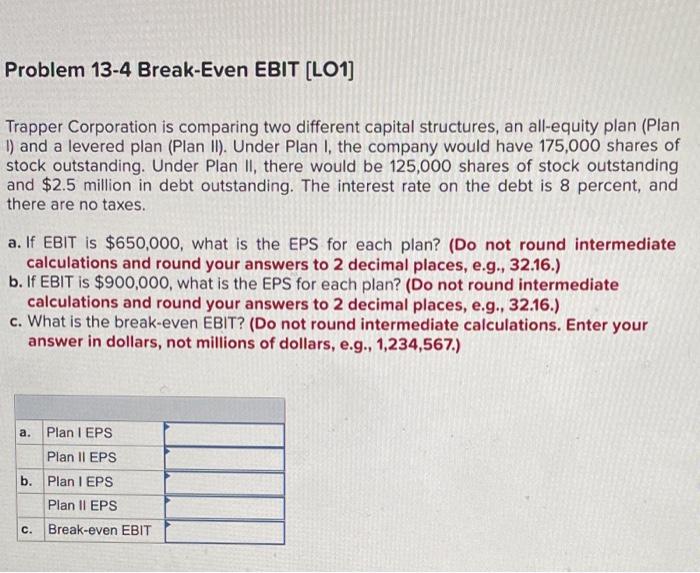  Trapper Corporation is comparing two different capital structures, an all-equity plan