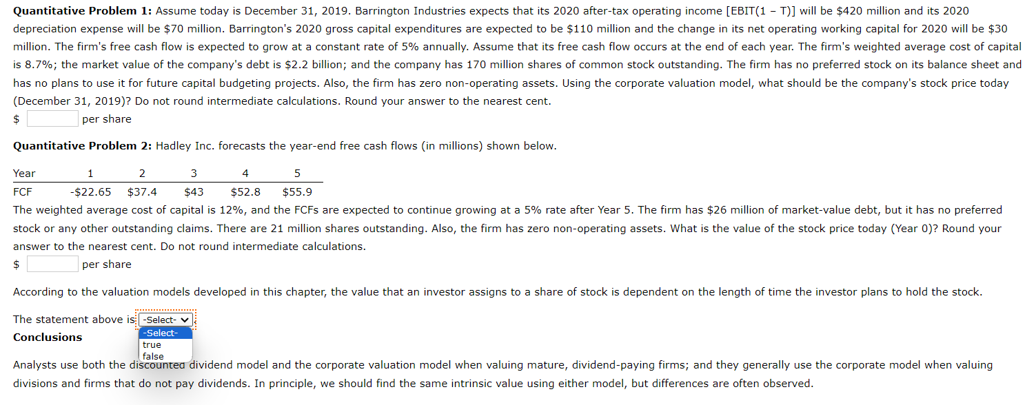 Quantitative Problem 1: Assume today is December 31,2019 . Barrington Industries