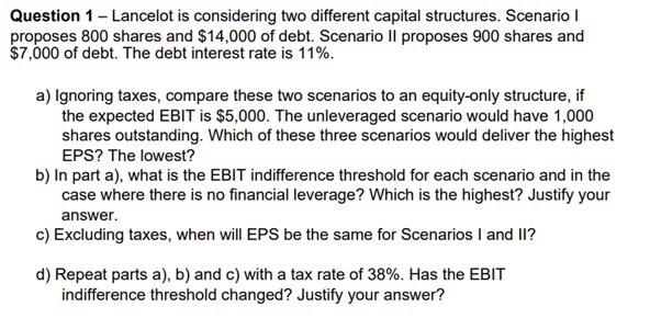  Question 1 - Lancelot is considering two different capital structures. Scenario