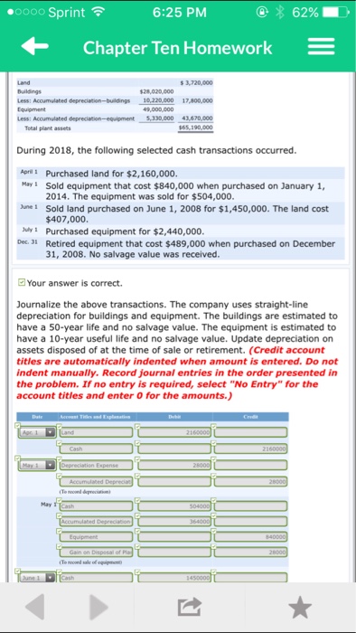  62% oooo Sprint 6:25 PM Chapter Ten Homework E 2,720,000 Less: