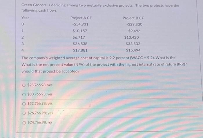  Green Grocers is deciding among two mutually exclusive projects. The two