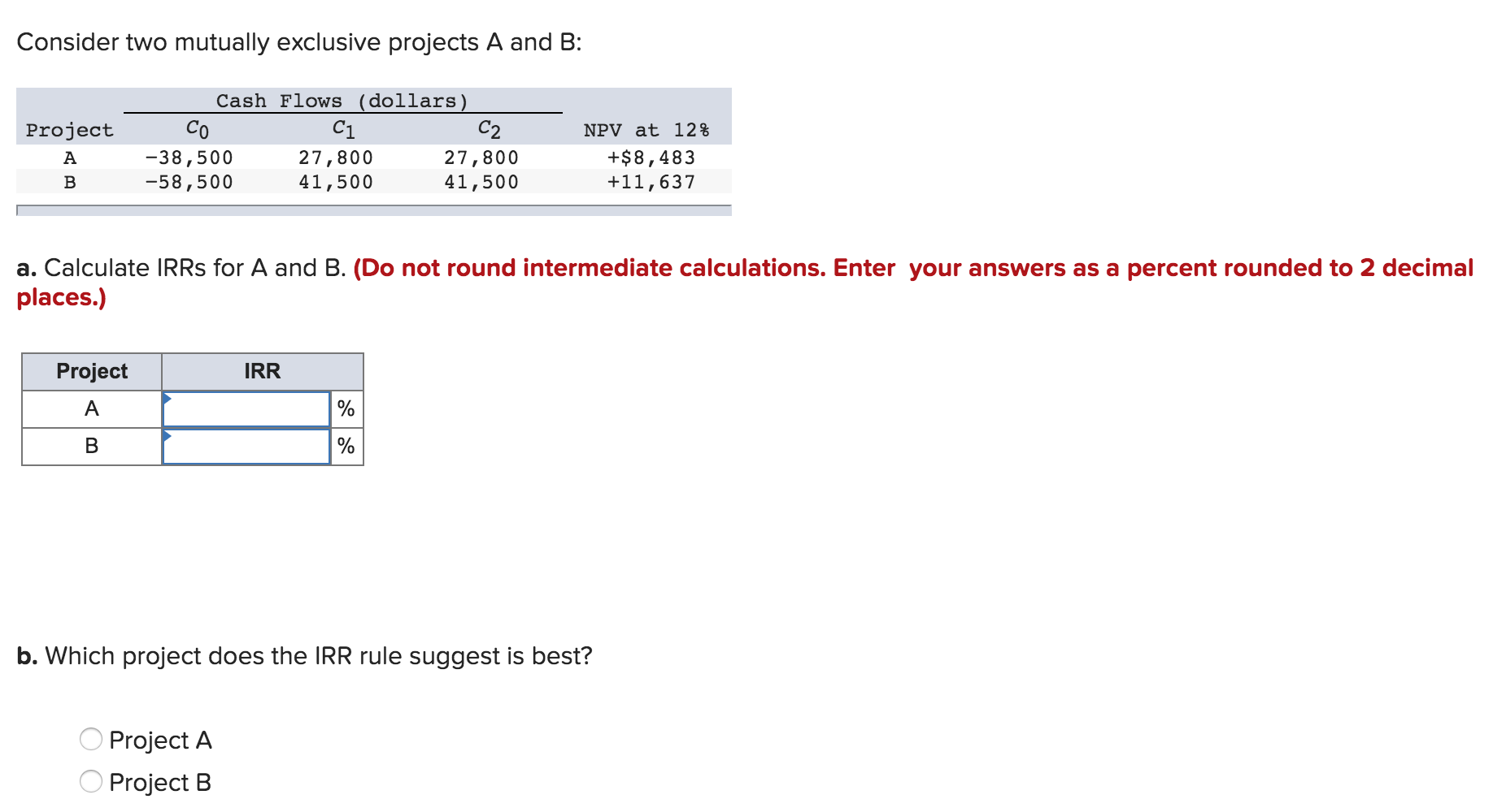  Consider two mutually exclusive projects A and B: Project C1 C2