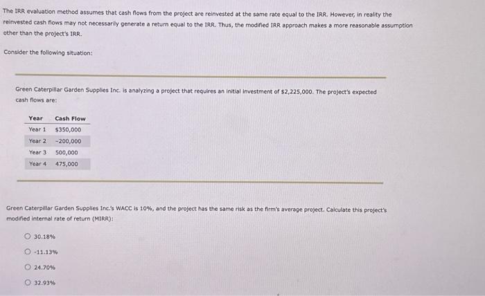pleassee help me answer this ASAP The IRR evaluation method assumes that