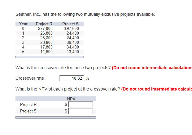 Seether, Inc., has the following two mutually exclusive projects available Year