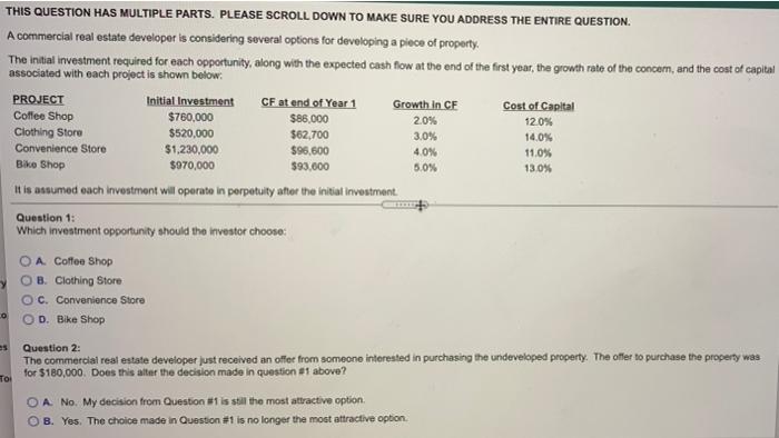  THIS QUESTION HAS MULTIPLE PARTS. PLEASE SCROLL DOWN TO MAKE SURE