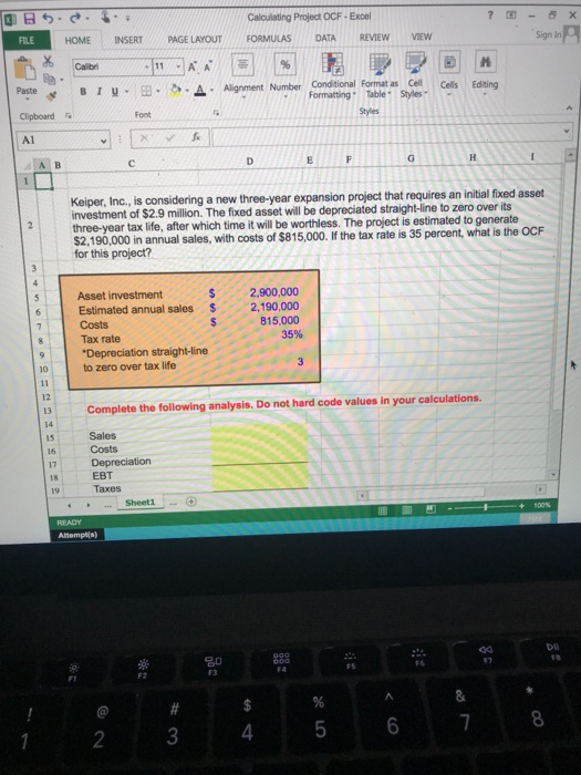 project Calculating Project OCF-Excel OME INSERT PAGE LAYOUT FORMULAS DATA REVEw vew