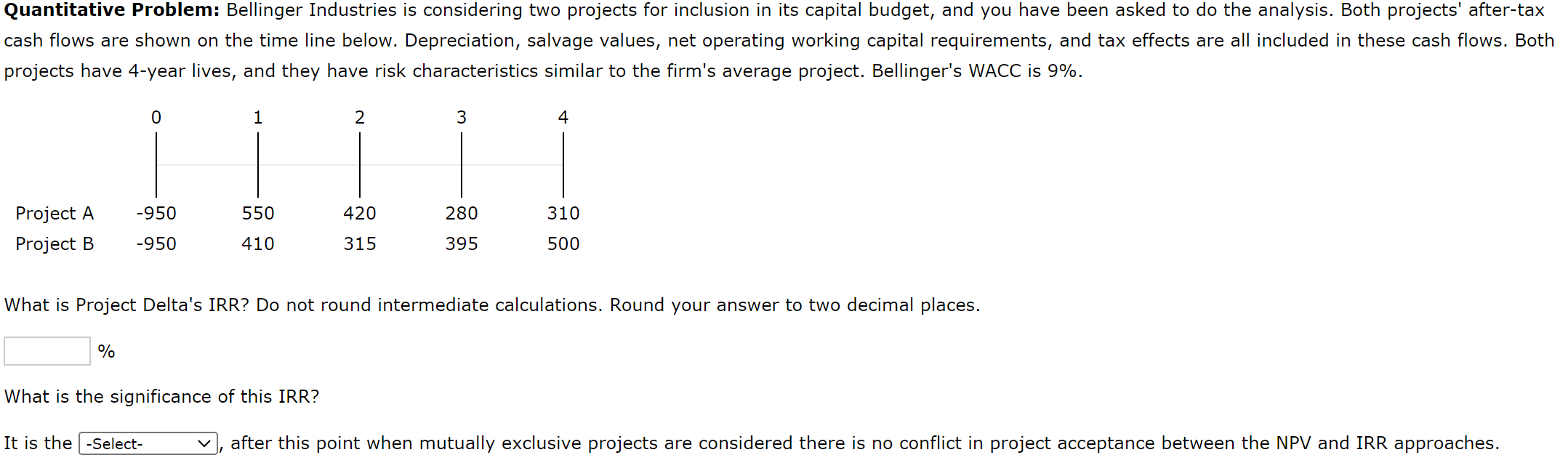 Quantitative Problem: Bellinger Industries is considering two projects for inclusion in