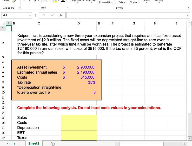 Compute the OCF for this project. Formatting" Table" Styles* Clipboard Font Styles