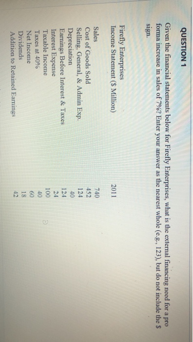  QUESTION 1 Given the financial statements below for Firefly Enterprises, what