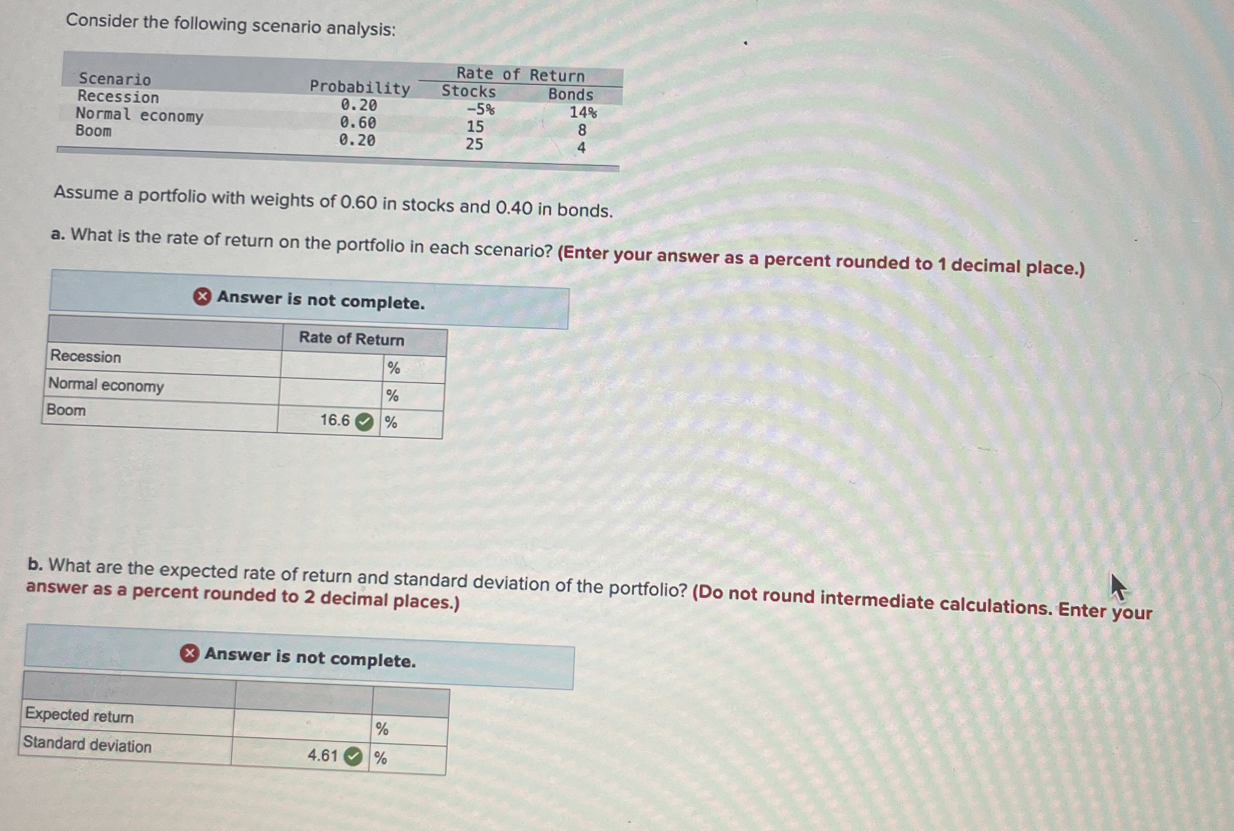  Consider the following scenario analysis: \table[[Scenario,,Rate,],[Recession,Probability,Stocks,Bonds],[Normal economy,\table[[0.20],[0.69]],-5%,148,+,- 