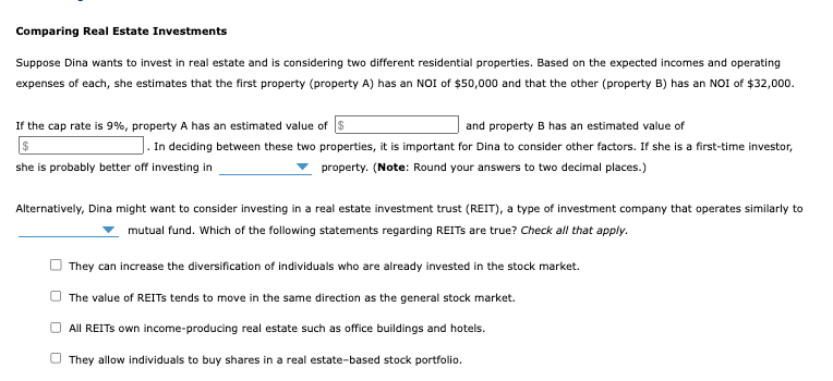 drop down 1:residential / commericial 2:close-end / open-end Comparing Real Estate