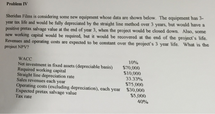 Sheridan Films is considering some new equipment whose data are shown