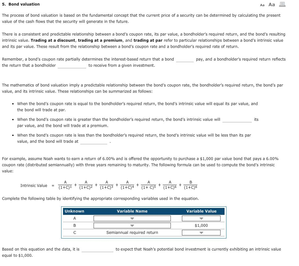  5. Bond valuation Aa Aa E The process of bond valuation