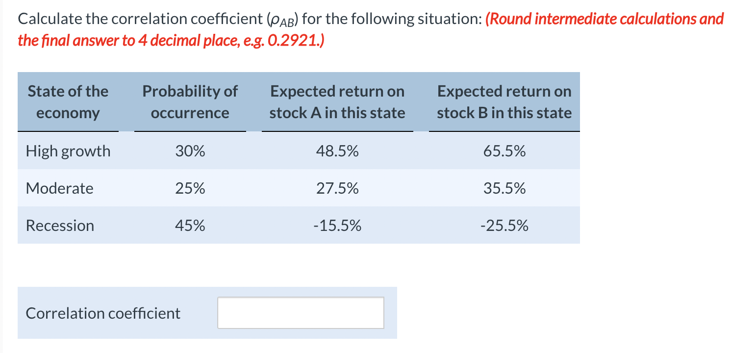  Calculate the correlation coefficient ) for the following situation: (Round intermediate