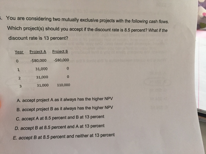  You are considering two mutually exclusive projects with the following cash