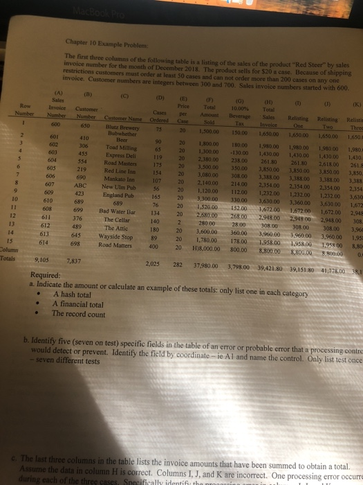  Chapter 10 Example Problem: The first three columns of the following