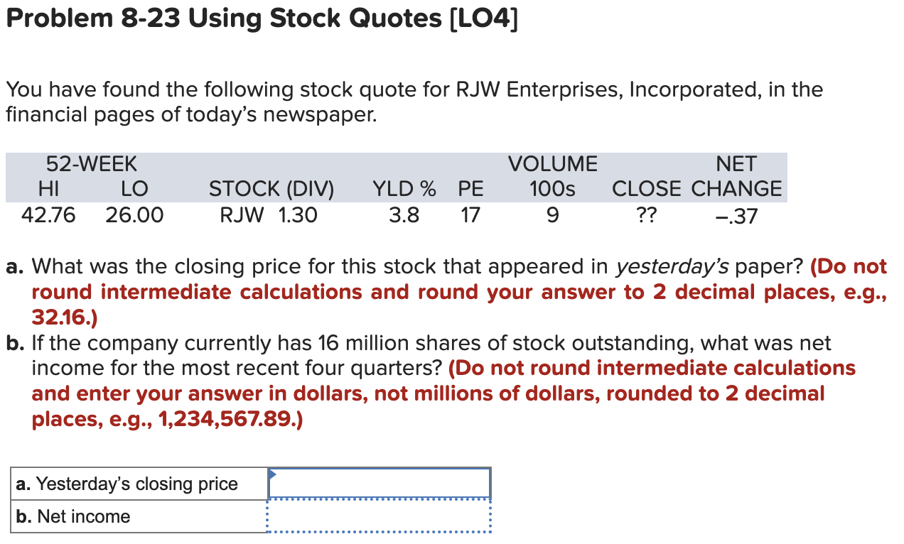  Problem 8-23 Using Stock Quotes [LO4] You have found the following
