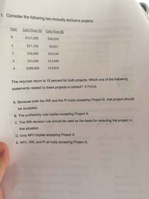  Consider the following two mutually exclusive projects: The required return is