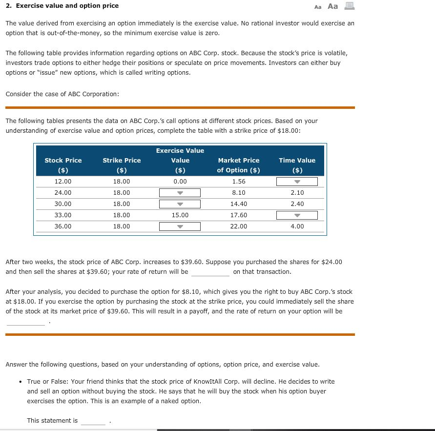  2. Exercise value and option price Aa Aa 3 The value