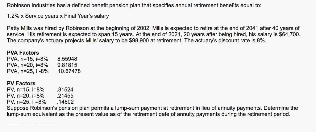 Robinson Industries has a defined benefit pension plan that specifies annual