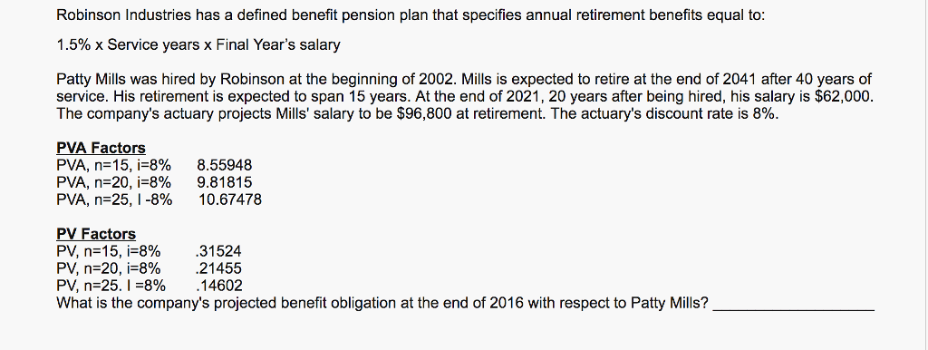 retirement benefits equal to: 1.2% x Service years x Final Year's salary