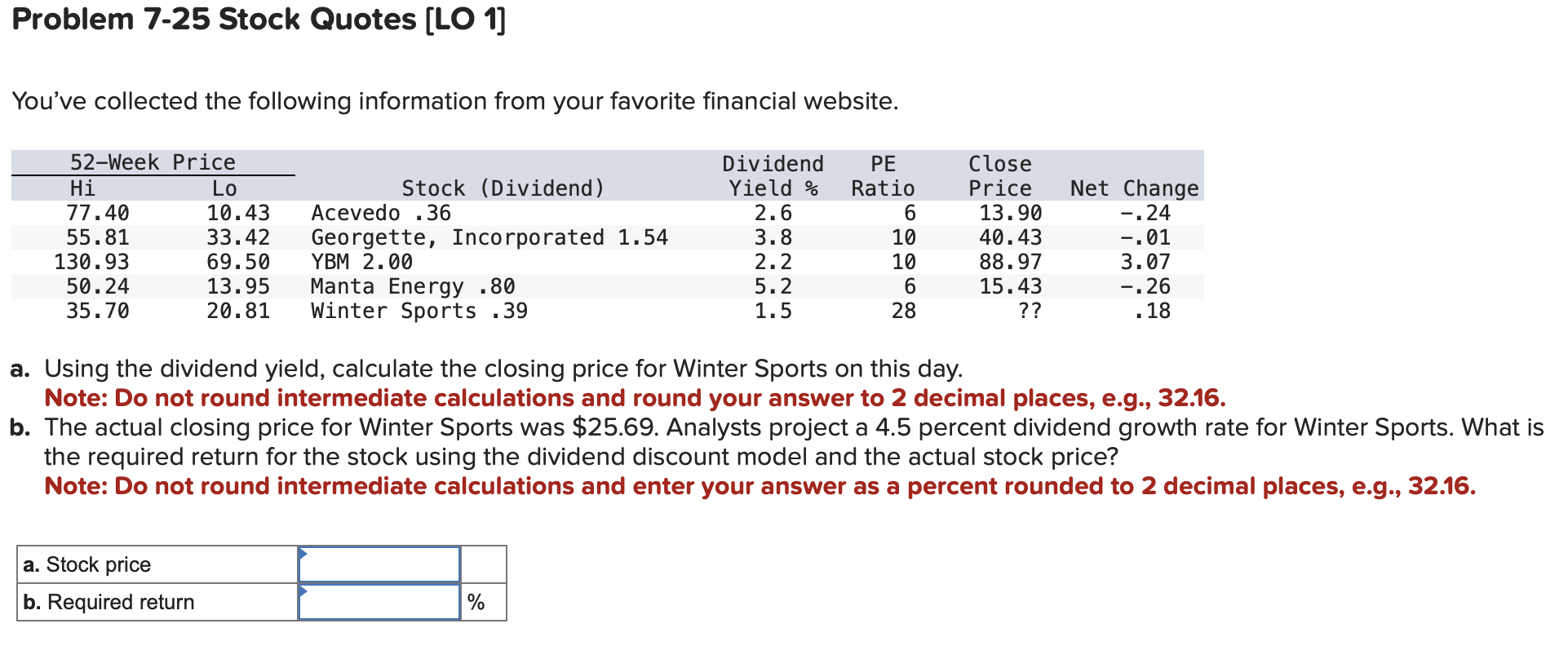  Problem 7-25 Stock Quotes [LO 1] You've collected the following information