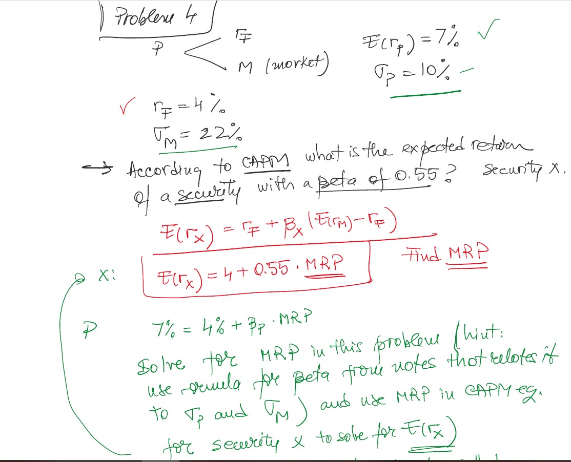  Problexe 4 E(rp)=7% p=10% rF=4% M=22% Accordiug to CAPM what is