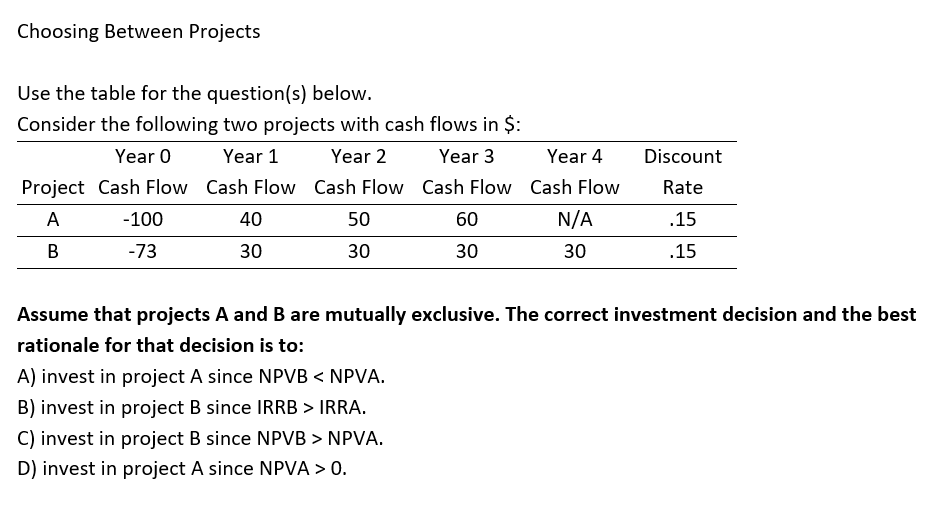  Choosing Between Projects Use the table for the question(s) below. Consider