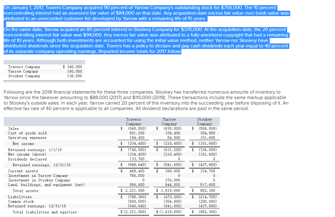 On January 1, 2017, Travers Company acquired 90 percent of Yarrow