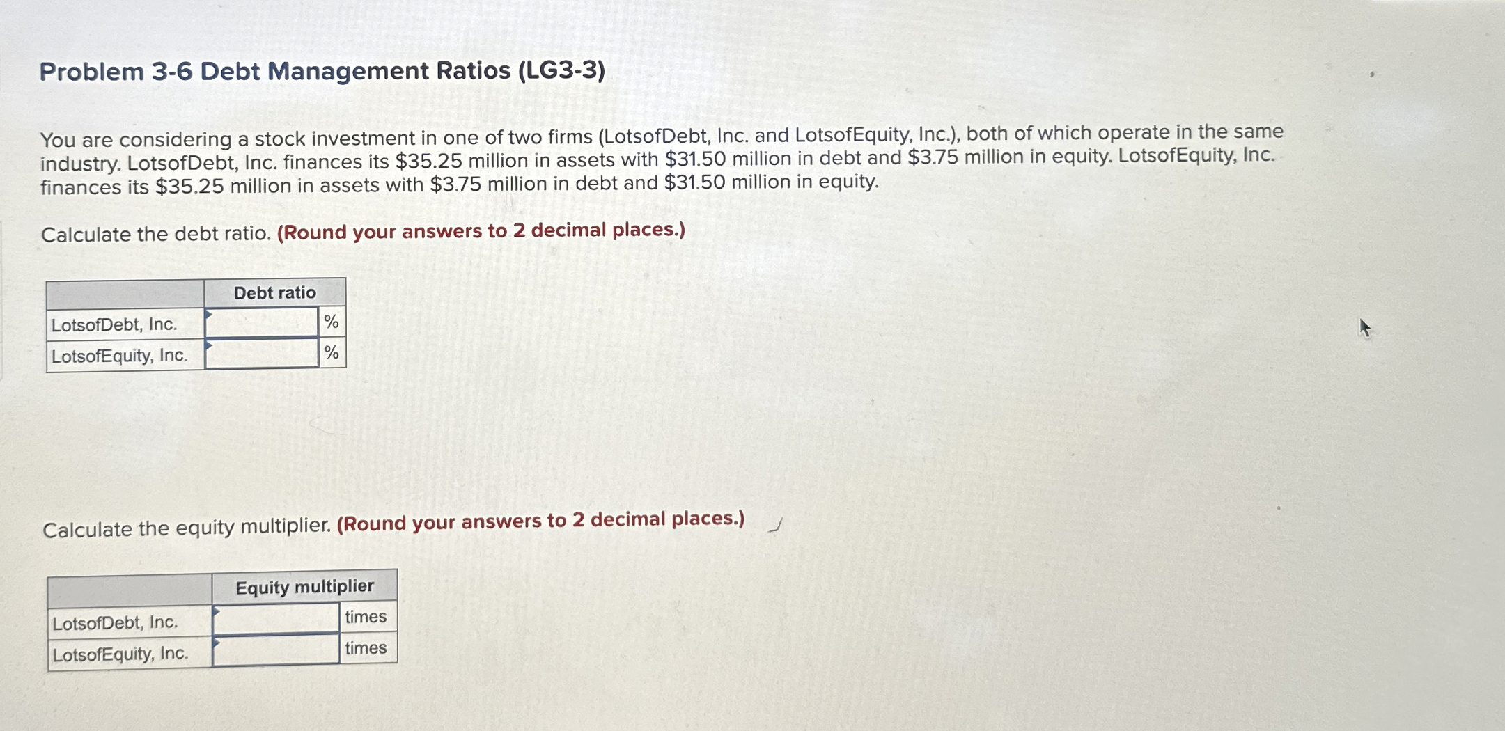  Problem 3-6 Debt Management Ratios (LG3-3) You are considering a stock