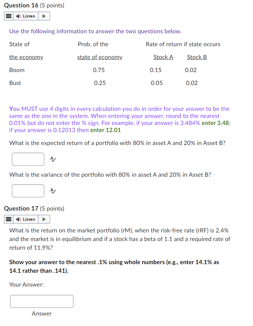  Question 16(5 points) Use the following information to answer the two