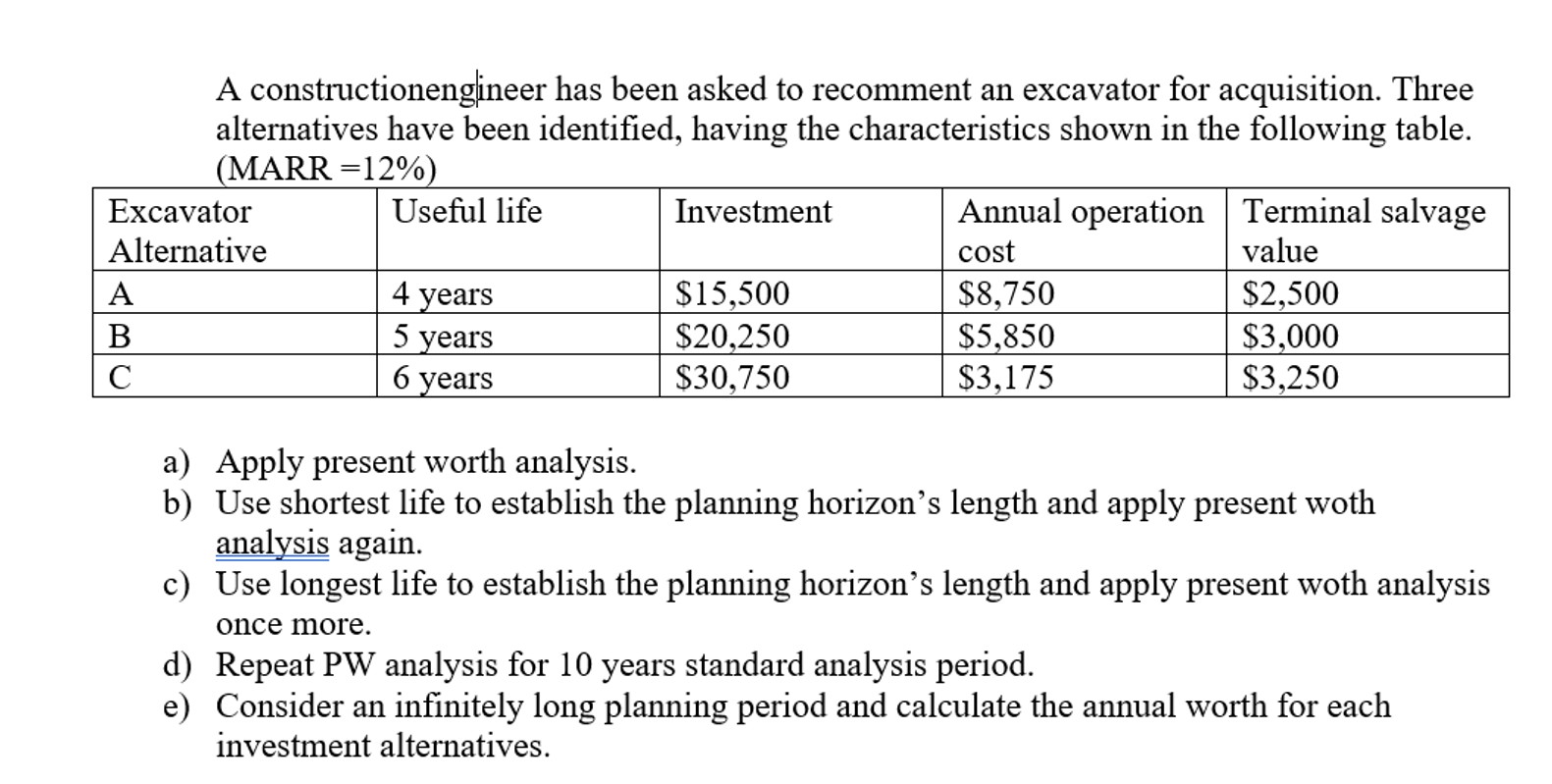  A constructionengineer has been asked to recomment an excavator for acquisition.