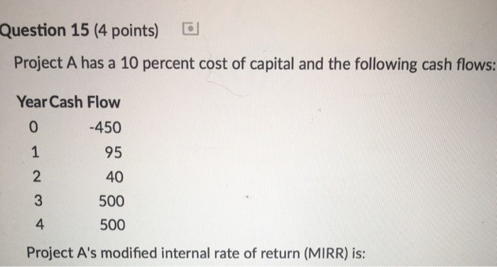  Question 15 (4 points) Project A has a 10 percent cost