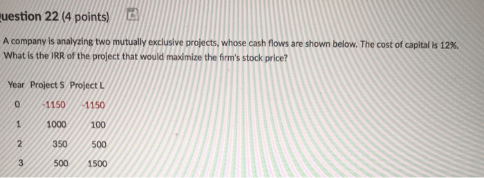  uestion 22 (4 points) A company is analyzing two mutually exclusive