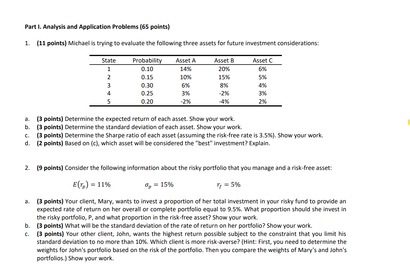 Part I. Analysis and Application Problems (65 points) 1. (11 points)