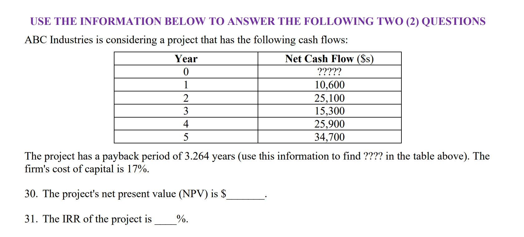  USE THE INFORMATION BELOW TO ANSWER THE FOLLOWING TWO (2) QUESTIONS