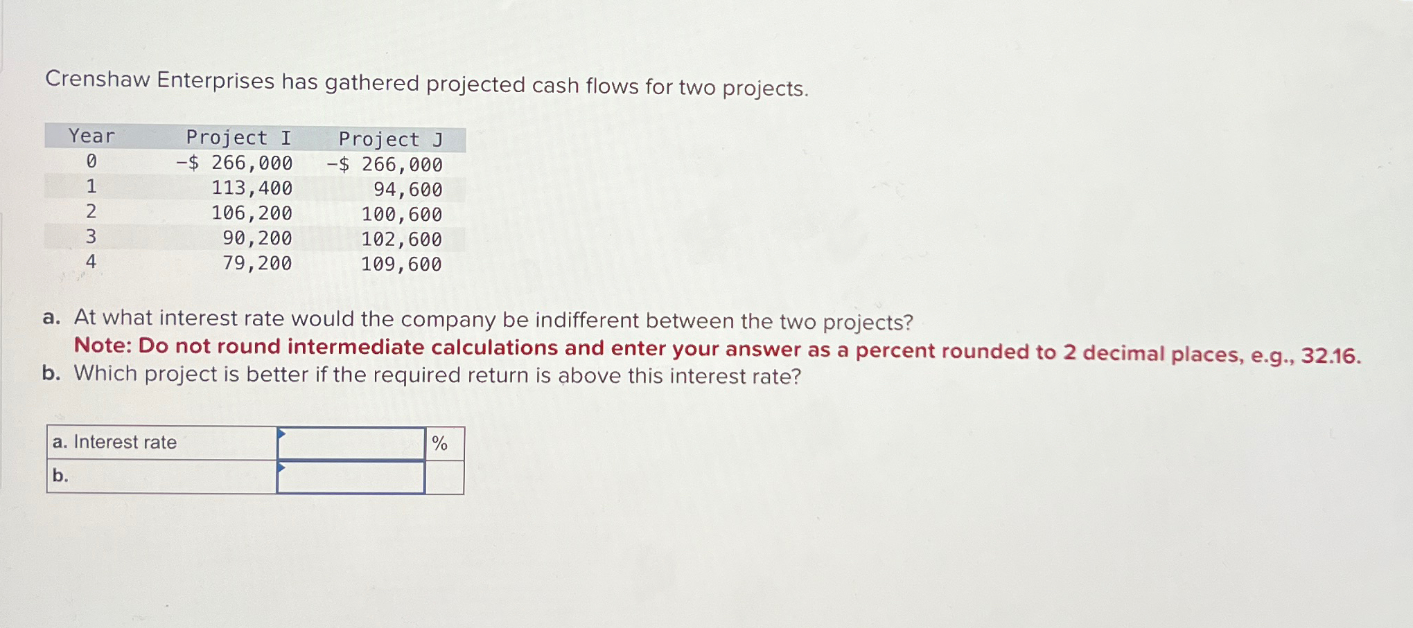  Crenshaw Enterprises has gathered projected cash flows for two projects. \table[[Year,Project